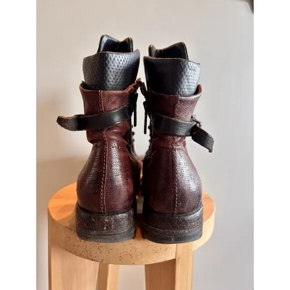 A.S 98 Burgundy Textured Leather Boho Combat Boots Shoes Size EUR 39/US 8.5-9