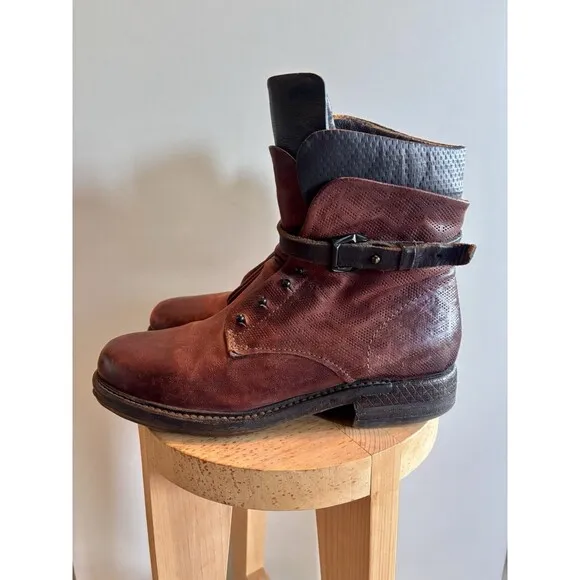 A.S 98 Burgundy Textured Leather Boho Combat Boots Shoes Size EUR 39/US 8.5-9