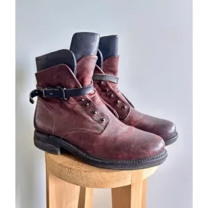 A.S 98 Burgundy Textured Leather Boho Combat Boots Shoes Size EUR 39/US 8.5-9
