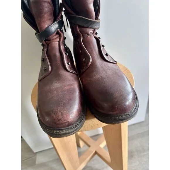 A.S 98 Burgundy Textured Leather Boho Combat Boots Shoes Size EUR 39/US 8.5-9