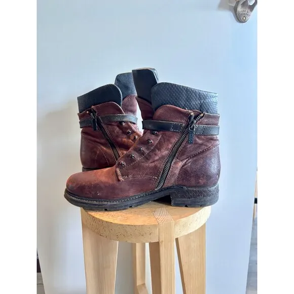 A.S 98 Burgundy Textured Leather Boho Combat Boots Shoes Size EUR 39/US 8.5-9