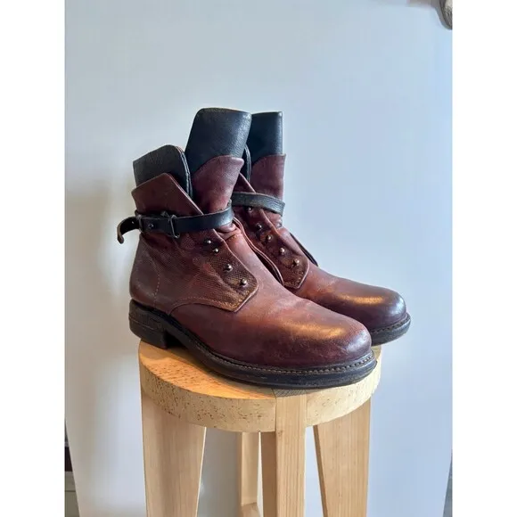 A.S 98 Burgundy Textured Leather Boho Combat Boots Shoes Size EUR 39/US 8.5-9