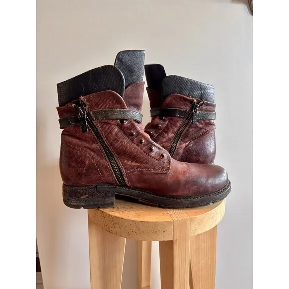 A.S 98 Burgundy Textured Leather Boho Combat Boots Shoes Size EUR 39/US 8.5-9