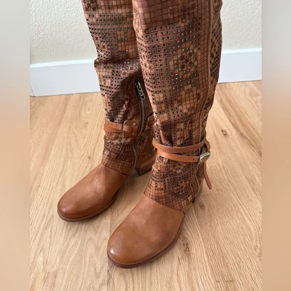 A.S. 98 Gene Boho Brown Leather Perforated Knee High Boots Size EU 37 | US 6.5-7