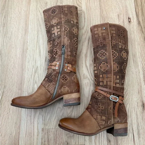 A.S. 98 Gene Boho Brown Leather Perforated Knee High Boots Size EU 37 | US 6.5-7