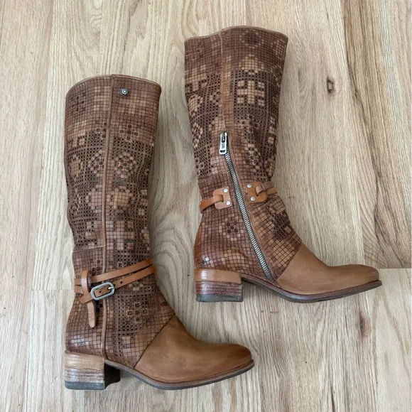 A.S. 98 Gene Boho Brown Leather Perforated Knee High Boots Size EU 37 | US 6.5-7