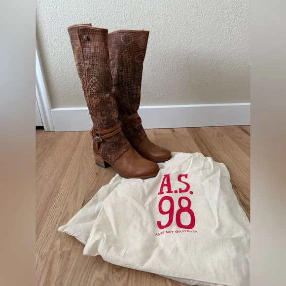A.S. 98 Gene Boho Brown Leather Perforated Knee High Boots Size EU 37 | US 6.5-7