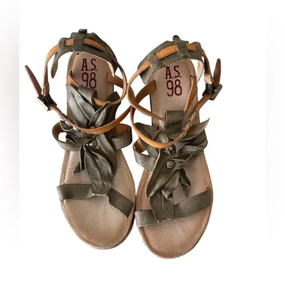 A.S.98 Green and Tan Wedge Sandals with Adjustable Straps Size:39