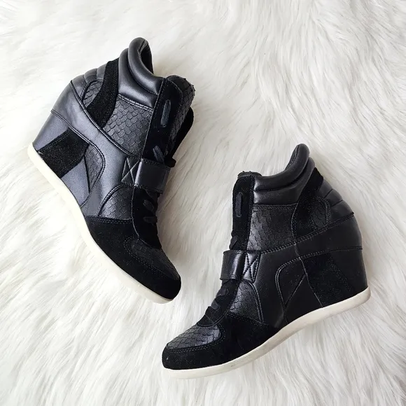 ASH Limited Black Suede Leather Hi-Top Sneakers Wedge Python Look Shoes Size 41