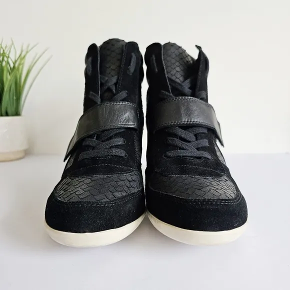 ASH Limited Black Suede Leather Hi-Top Sneakers Wedge Python Look Shoes Size 41