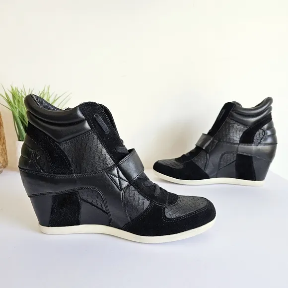 ASH Limited Black Suede Leather Hi-Top Sneakers Wedge Python Look Shoes Size 41