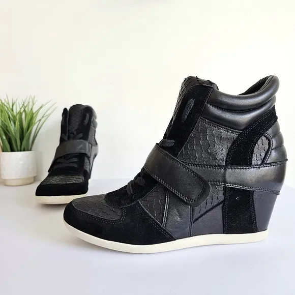 ASH Limited Black Suede Leather Hi-Top Sneakers Wedge Python Look Shoes Size 41