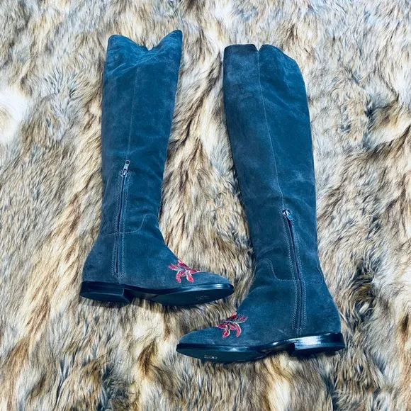 ASH OVER THE KNEE GREY SUEDE EMBROIDERED PINK/RED FLOWERS BOOTS FLAT