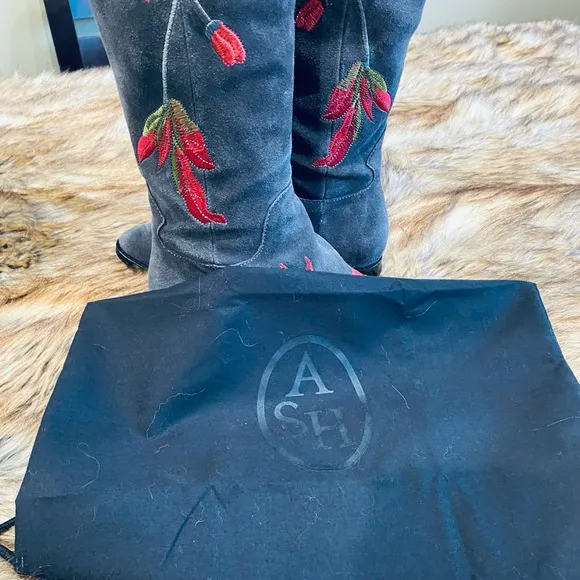 ASH OVER THE KNEE GREY SUEDE EMBROIDERED PINK/RED FLOWERS BOOTS FLAT