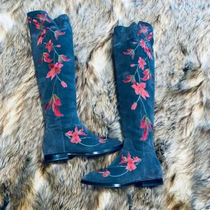 ASH OVER THE KNEE GREY SUEDE EMBROIDERED PINK/RED FLOWERS BOOTS FLAT