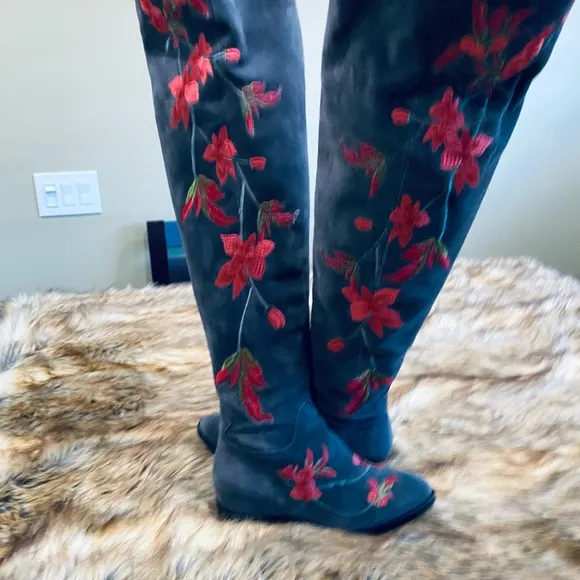 ASH OVER THE KNEE GREY SUEDE EMBROIDERED PINK/RED FLOWERS BOOTS FLAT