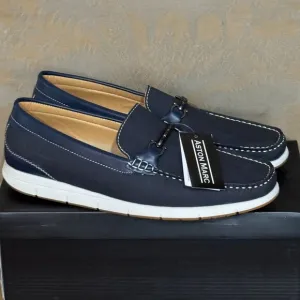 Aston Marc Crosby Blue Moccasin Vegan Leather Loafers White Sole Slip-Ons 10 NWB