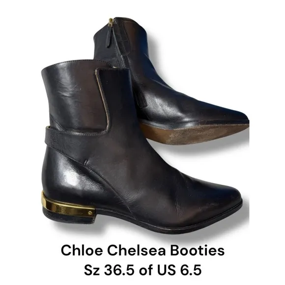 Authentic Chloe Chelsea Black Leather Ankle Boots Gold Italian Luxury 36.5 6.5