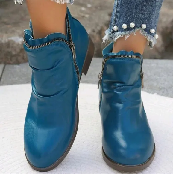 Autumn/Winter English Style Boots, Low Heel Flat Fashion Boots With Dual Zipper