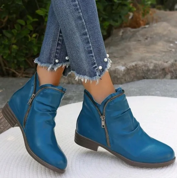 Autumn/Winter English Style Boots, Low Heel Flat Fashion Boots With Dual Zipper