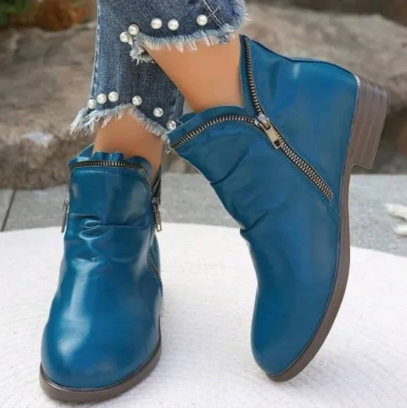 Autumn/Winter English Style Boots, Low Heel Flat Fashion Boots With Dual Zipper
