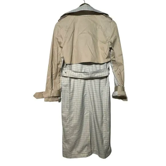 Avec Les Filles Trench Coat Women's Small Belted Mixed Media Plaid Blue/Tan