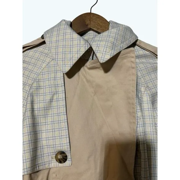 Avec Les Filles Trench Coat Women's Small Belted Mixed Media Plaid Blue/Tan