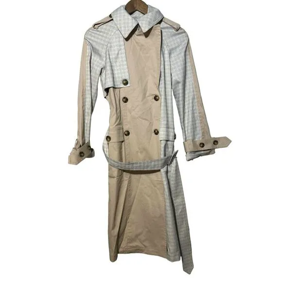 Avec Les Filles Trench Coat Women's Small Belted Mixed Media Plaid Blue/Tan