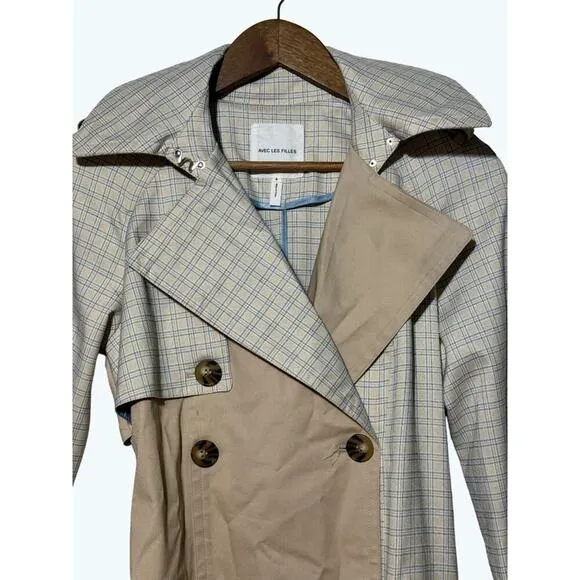 Avec Les Filles Trench Coat Women's Small Belted Mixed Media Plaid Blue/Tan