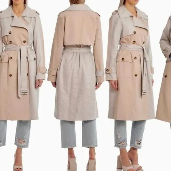 Avec Les Filles Trench Coat Women's Small Belted Mixed Media Plaid Blue/Tan