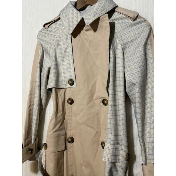 Avec Les Filles Trench Coat Women's Small Belted Mixed Media Plaid Blue/Tan