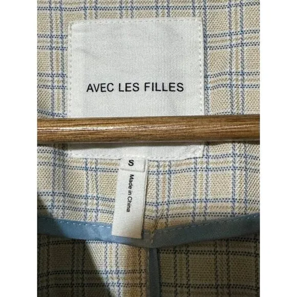 Avec Les Filles Trench Coat Women's Small Belted Mixed Media Plaid Blue/Tan