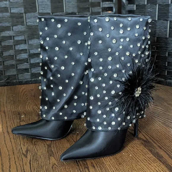 Azalea Wang Black Studded Heeled Boots  Flower Accent 7.5 Fancy NEW w/Box