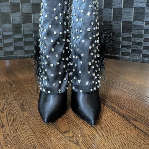 Azalea Wang Black Studded Heeled Boots  Flower Accent 7.5 Fancy NEW w/Box
