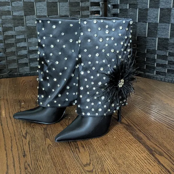 Azalea Wang Black Studded Heeled Boots  Flower Accent 7.5 Fancy NEW w/Box
