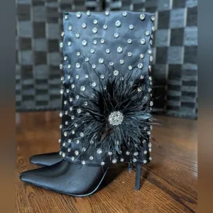 Azalea Wang Black Studded Heeled Boots  Flower Accent 7.5 Fancy NEW w/Box