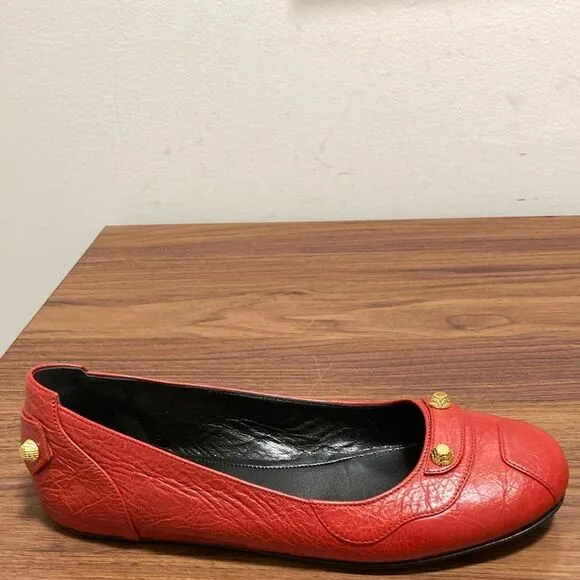 Balenciaga Red Distressed Leather Stud Ballet Flats. Size 37.
