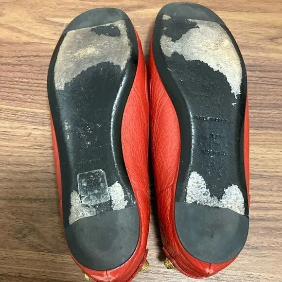 Balenciaga Red Distressed Leather Stud Ballet Flats. Size 37.