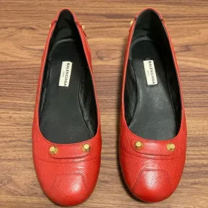 Balenciaga Red Distressed Leather Stud Ballet Flats. Size 37.