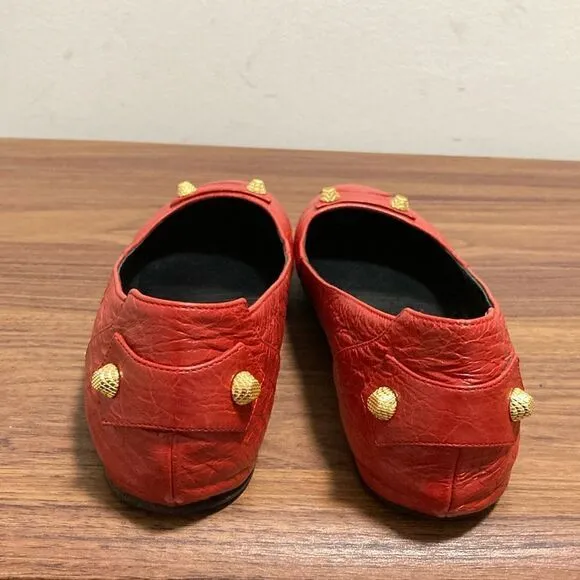 Balenciaga Red Distressed Leather Stud Ballet Flats. Size 37.