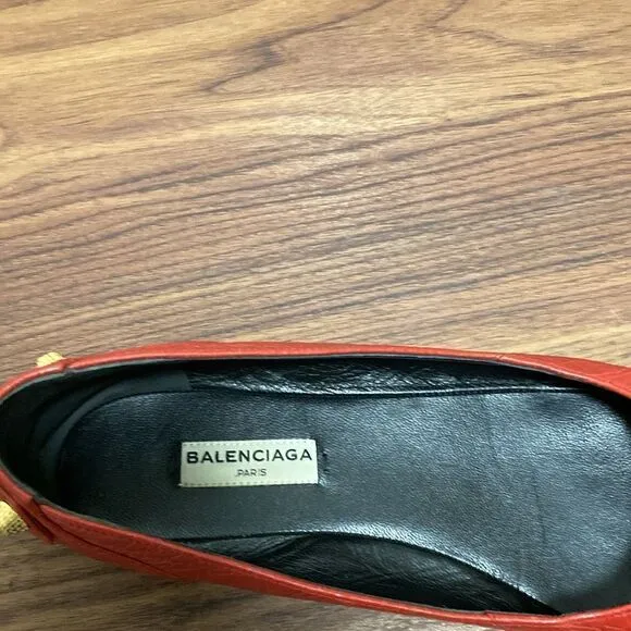 Balenciaga Red Distressed Leather Stud Ballet Flats. Size 37.