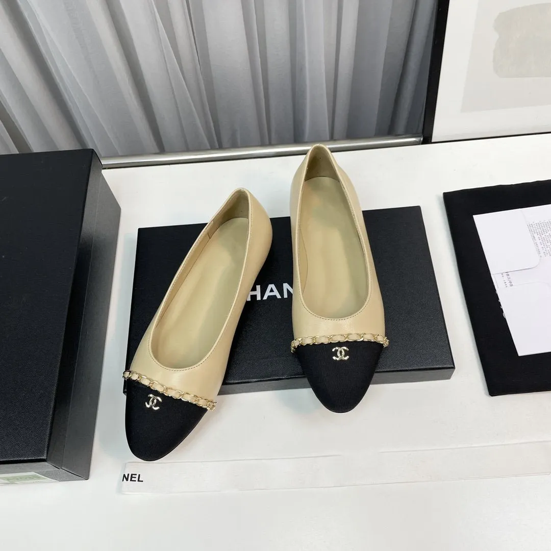 ballet flat beige lambskin black leather chain grosgrain