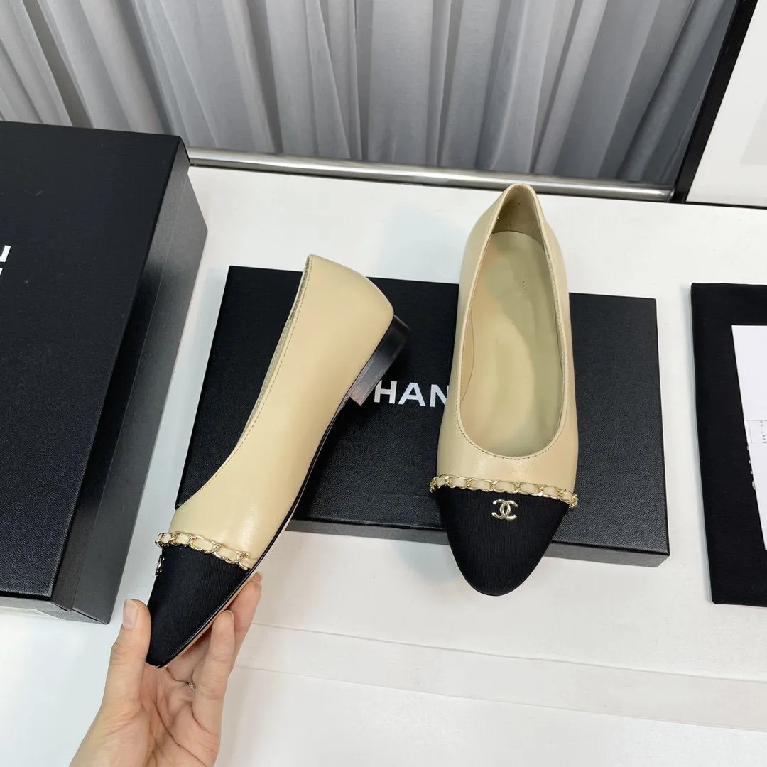 ballet flat beige lambskin black leather chain grosgrain