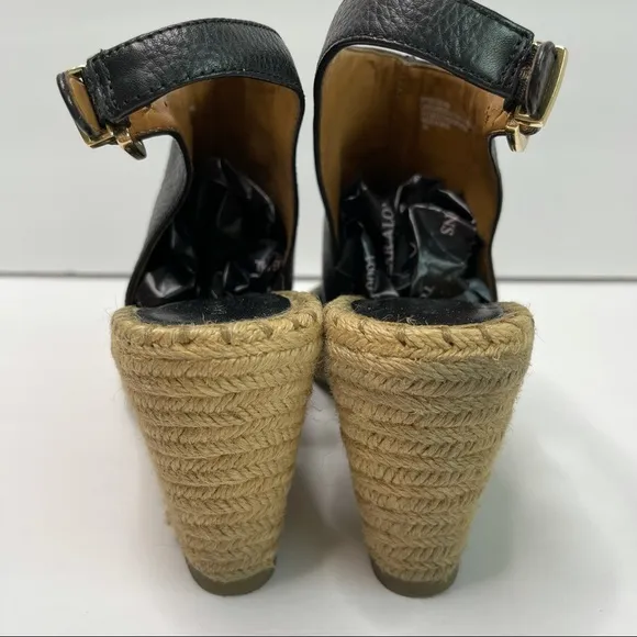 BANANA REPUBLIC Black Leather Espadrille Peep Toe Wedges Size 6