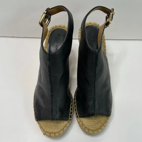 BANANA REPUBLIC Black Leather Espadrille Peep Toe Wedges Size 6
