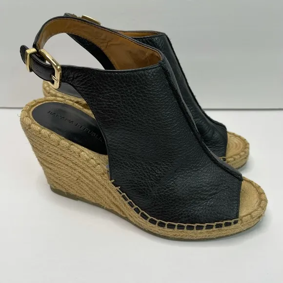 BANANA REPUBLIC Black Leather Espadrille Peep Toe Wedges Size 6