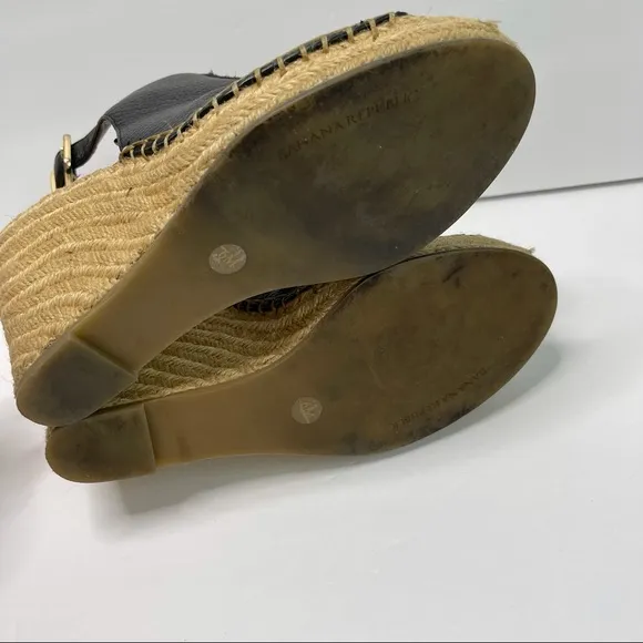 BANANA REPUBLIC Black Leather Espadrille Peep Toe Wedges Size 6