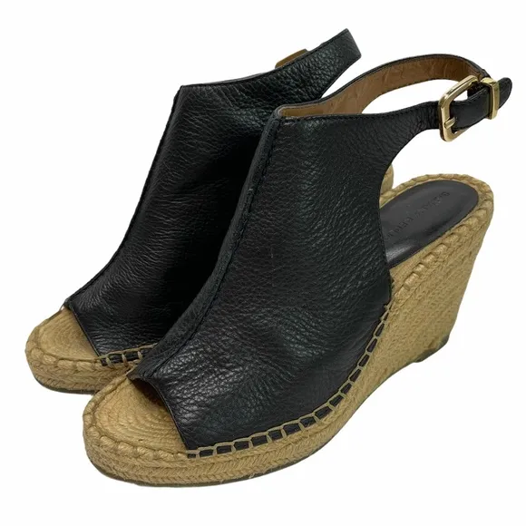 BANANA REPUBLIC Black Leather Espadrille Peep Toe Wedges Size 6