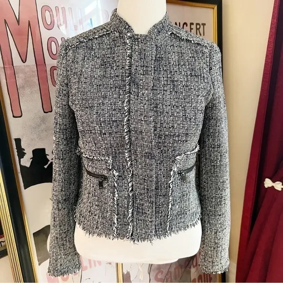 Banana Republic Navy White Ruff Hem Tweed Blazer Zip Up Detail Jacket Size 10