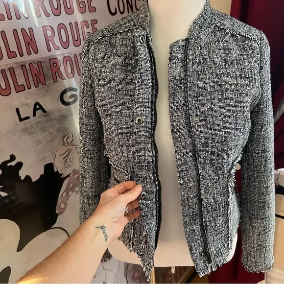 Banana Republic Navy White Ruff Hem Tweed Blazer Zip Up Detail Jacket Size 10